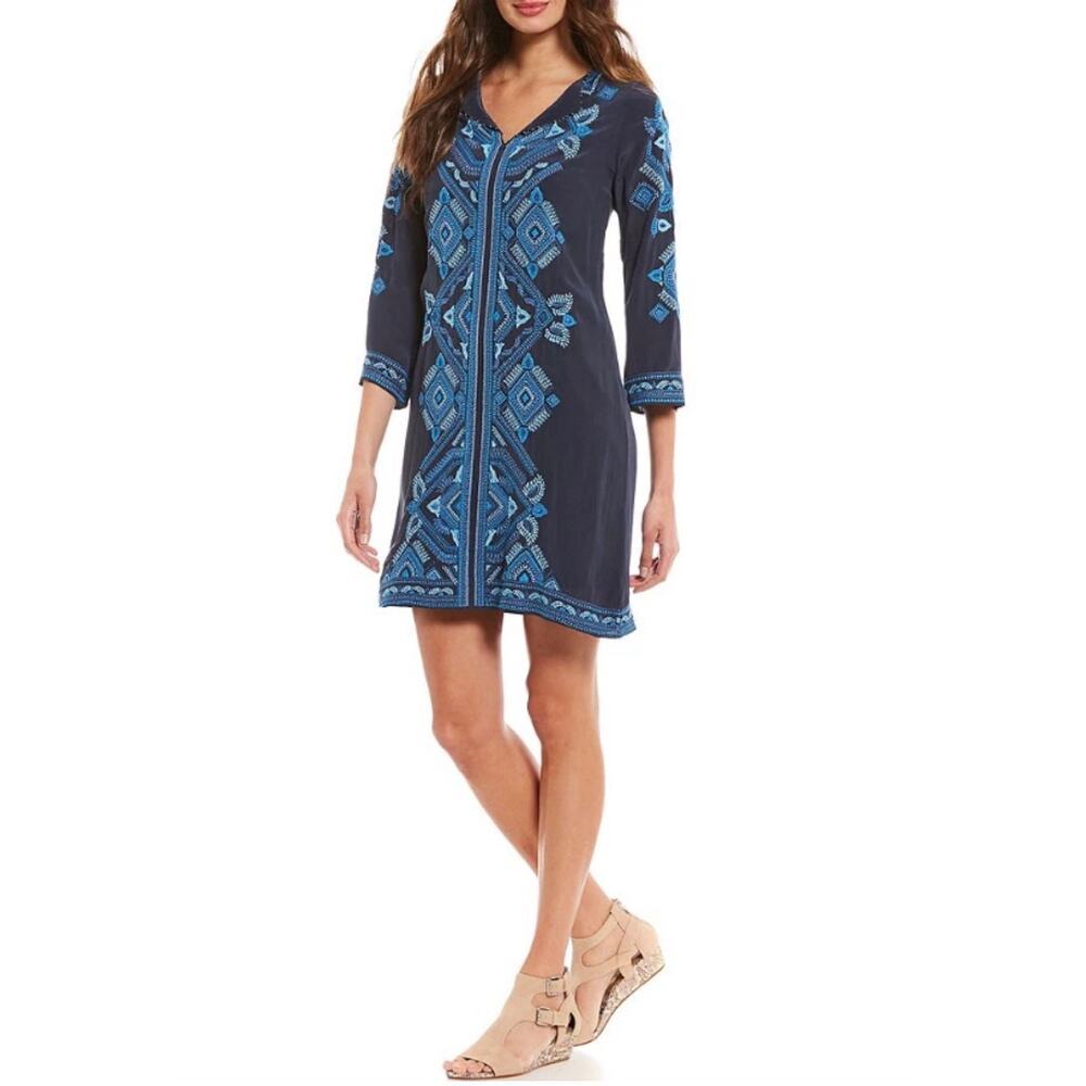 Sigrid Olsen Signature NWT Blue Embroidered Shift Dress Boho Tunic Size 14